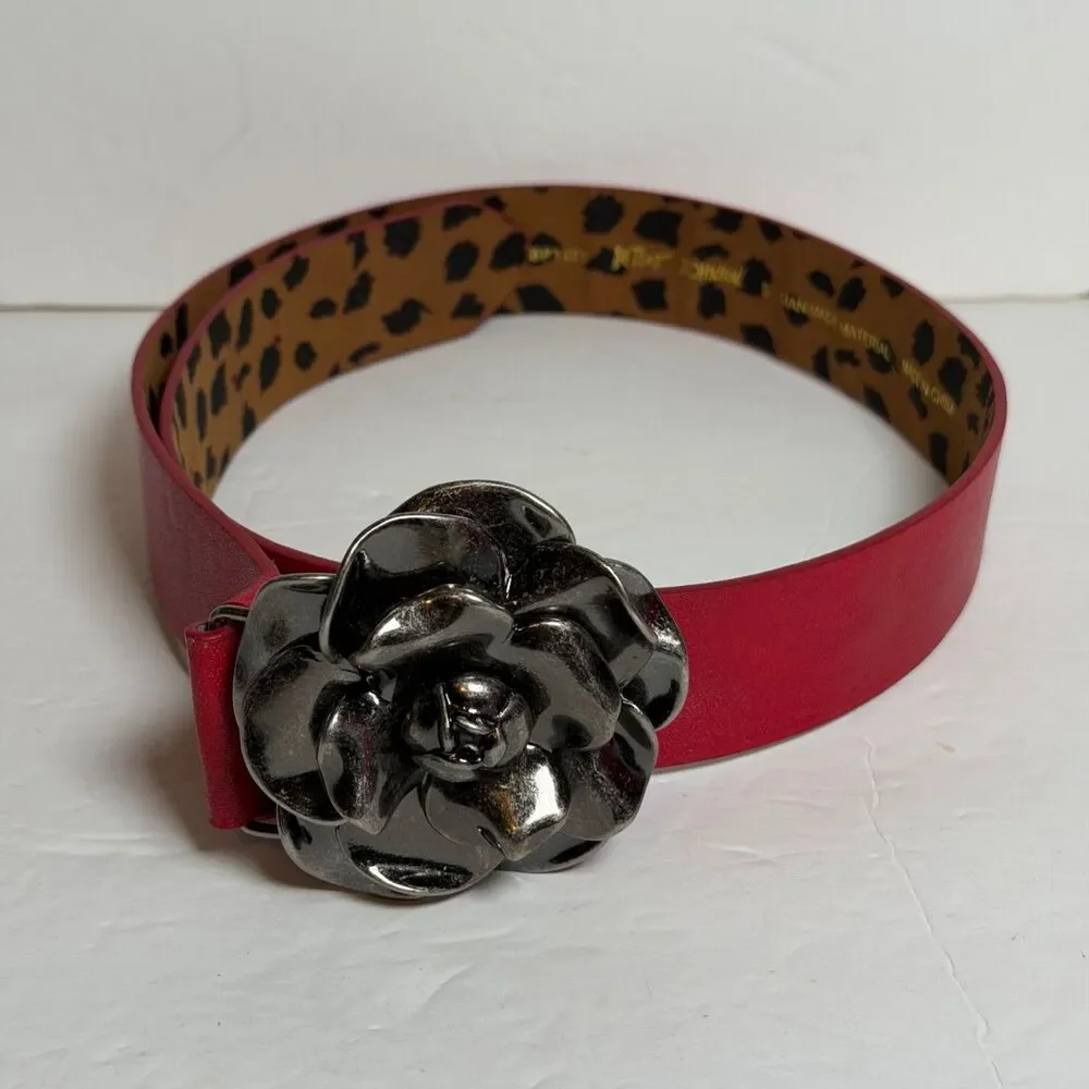 Betsey Johnson Red Waist Belt Large Flower Buckle Leopard Print Small 40